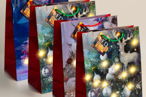 Ajándéktasak - 10 melegfehér LED, papír - 265 x 127 x 330 mm - 4 féle / csomag - 12 db / csomag