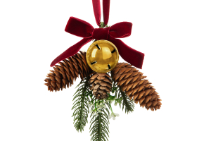 Karácsonyi ajtódekoráció - műfenyő, tobozzal, arany csengettyűvel - 16 x 15 cm