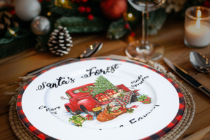 Karácsonyi tálca - fém - autós - fehér - 33 cm